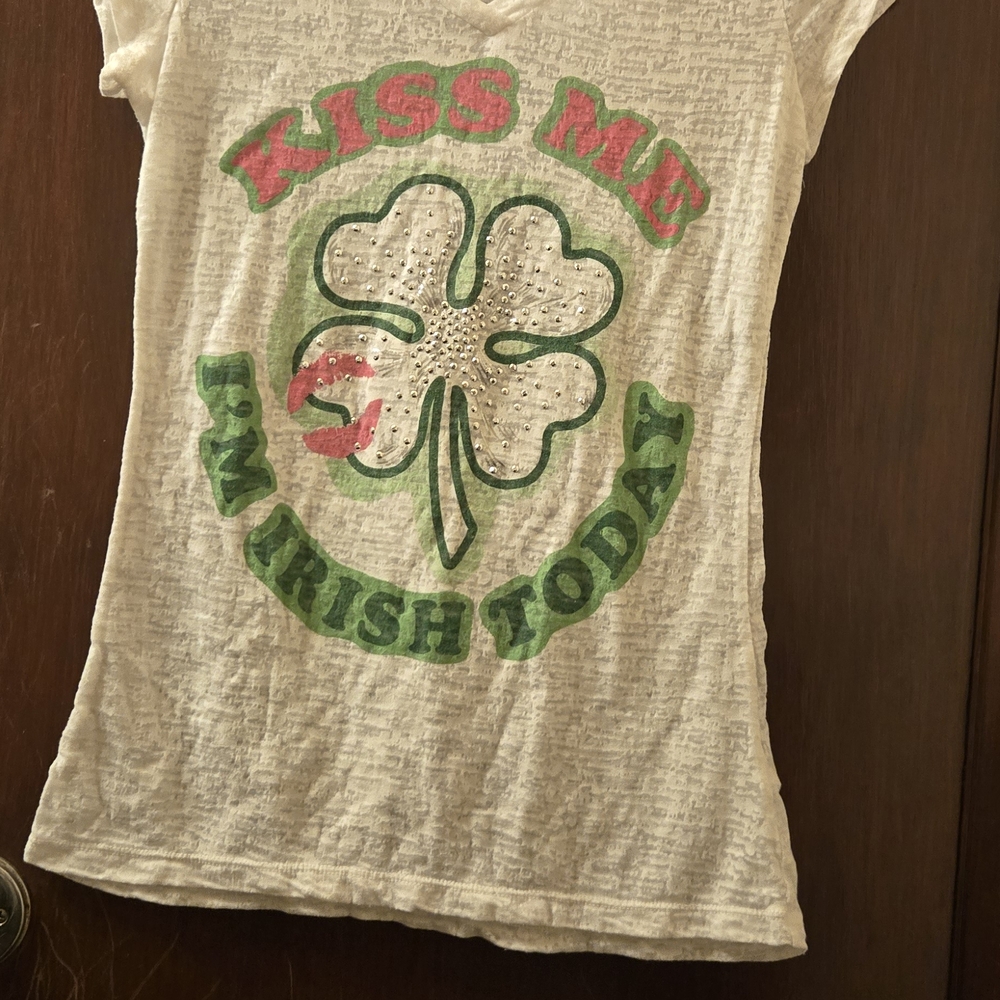 Maurices White Tee with Green and Pink Shamrock Design